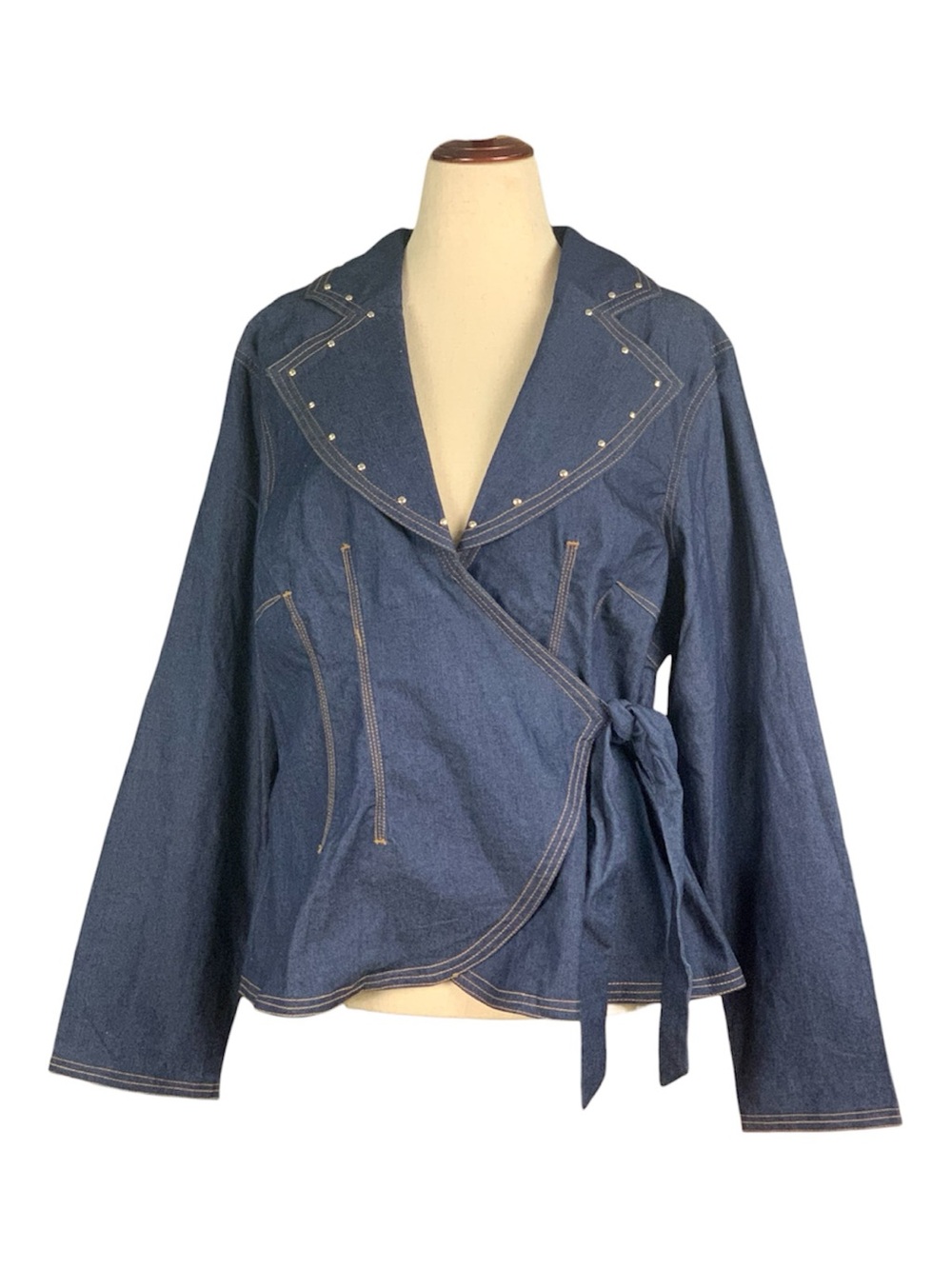 Devine Demin Stylish Women's Dark Blue Wash Denim Wrap Jacket Studs Size 20W